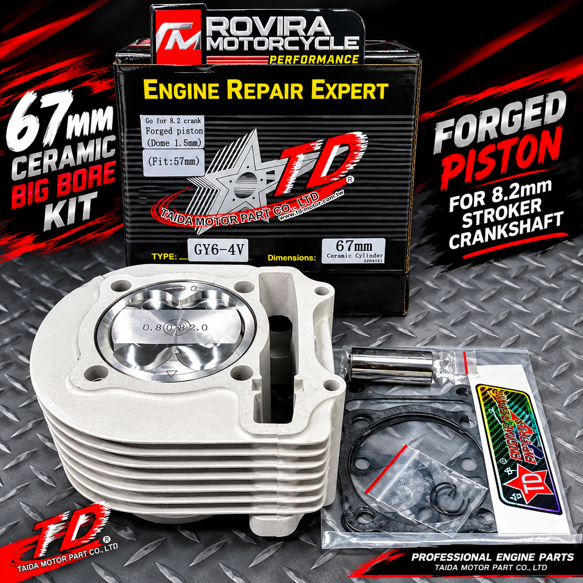 Taida 67mm Ceramic Cylinder Kit with Forged piston for 8.2mm Stroker Crankshaft